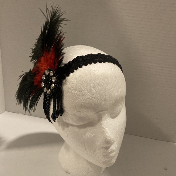 Red and Black Feathered, Beaded, Sequin Headband - Picture 5 of 6